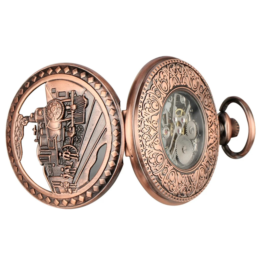 Steampunk Vintage Train Pattern Mechanical Hand-wind Pocket Watch Red Copper Pendant Antique Clock Manual Mechanism Timepiece