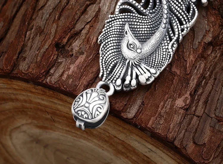 925 Sterling Silver Peacock Bird Locket Necklace - Antique Finish Retro Unique Jewelry Gift