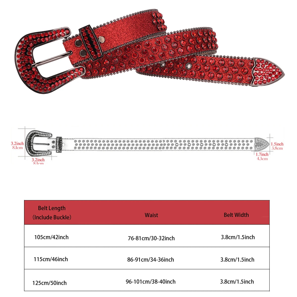 Men's Women's Fashion Sparkle Red Rhinestone Belt Strap Western Cowboy Cowgirl Bling Bling Crystal Studded Belt for Jeans Dress