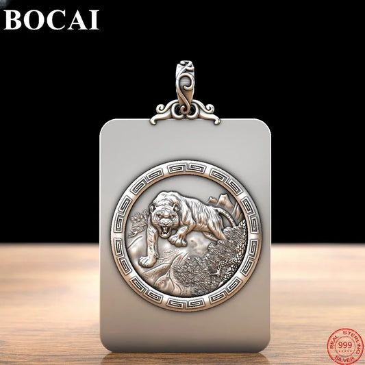 BOCAI S999 Sterling Silver Charms Pendants for Women Men New Fashion Solid Zodiac Tiger Square Punk Jewelry Amulet Wholesale