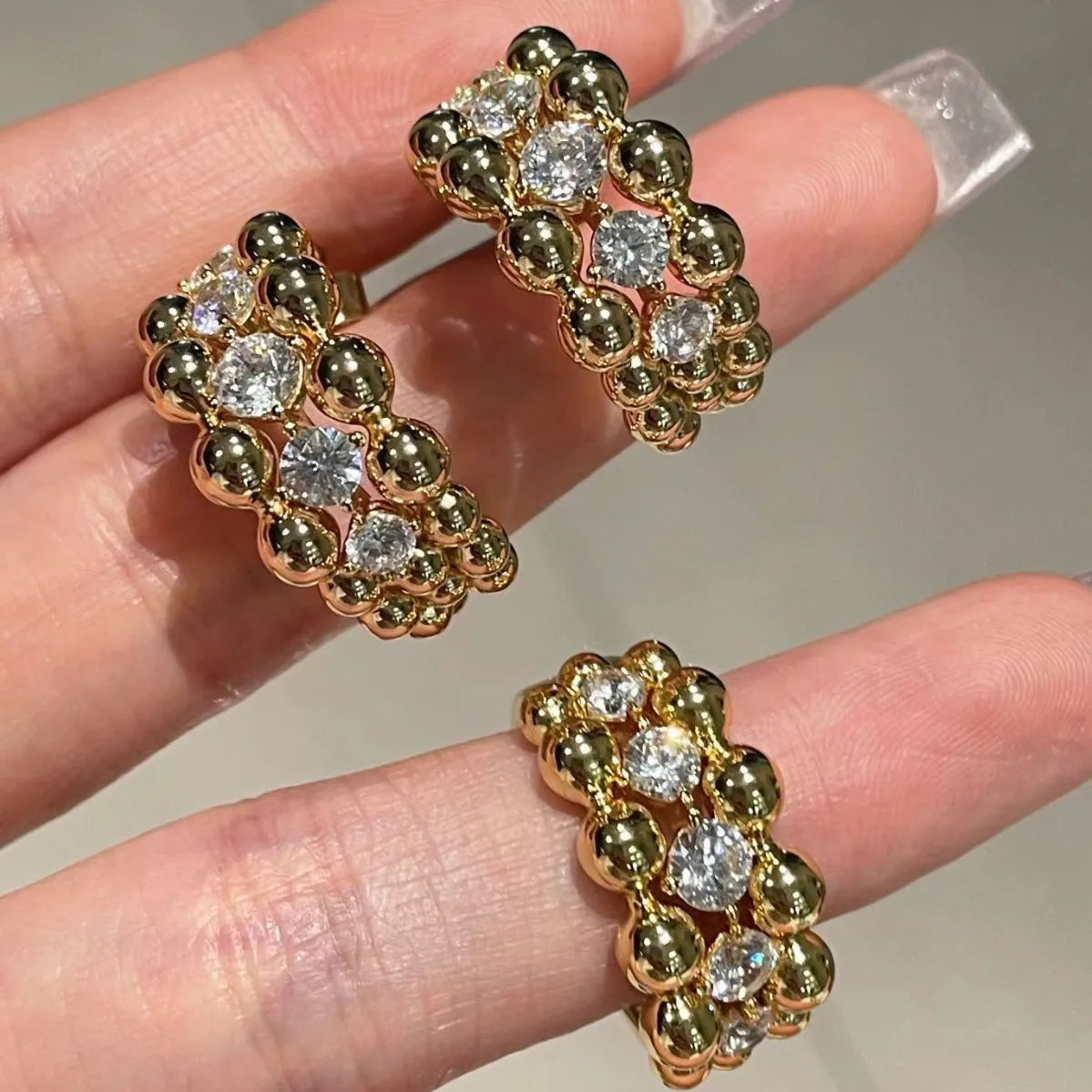 BELLUX 925 Silver Gold Plated Synthetic CZ Italian Style Vintage White Diamond Bead Earrings