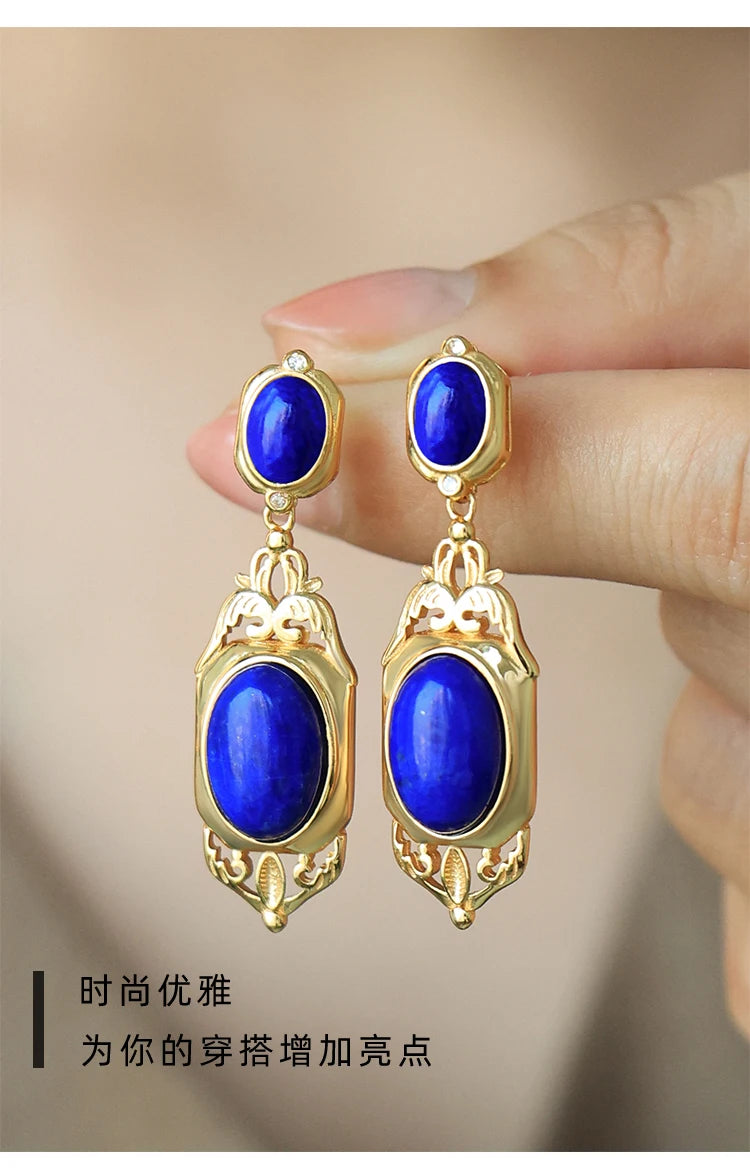 Natural Lapis Lazuli Earrings S925 Sterling Silver Gold-plated Retro French High-end Niche Blue Classical Earrings