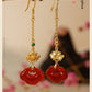Red Agate Silver Plated Small Flower Good Luck Longevity Lock Agate Earrings Vintage Style for Cheongsam Hanfu Retro Aesthetic