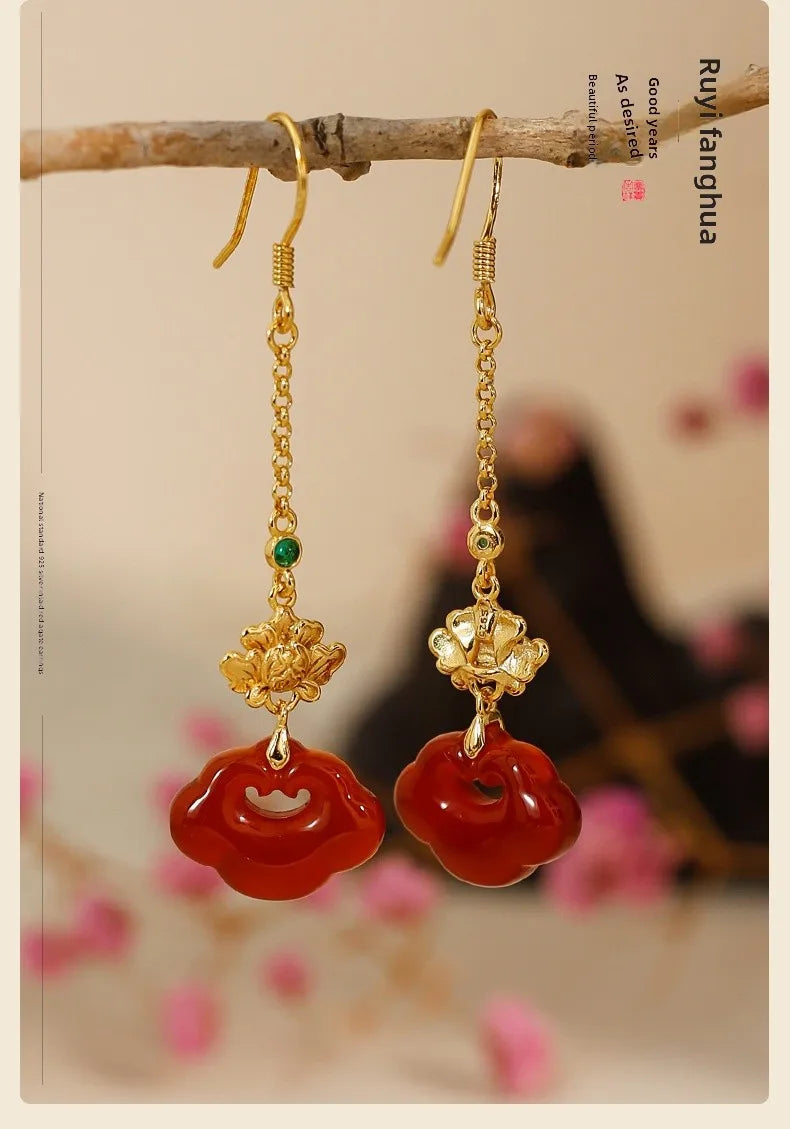 Red Agate Silver Plated Small Flower Good Luck Longevity Lock Agate Earrings Vintage Style for Cheongsam Hanfu Retro Aesthetic