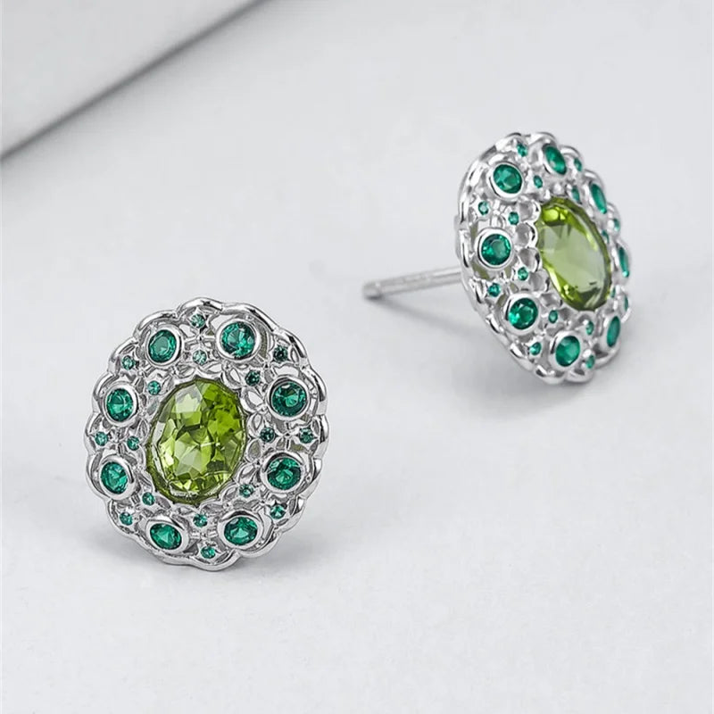 S925 Sterling Silver Studs Earring for Women Peridot Micro Inlay Zirconl Palace Style Ear Studs Fashion Jewelry Wholesale