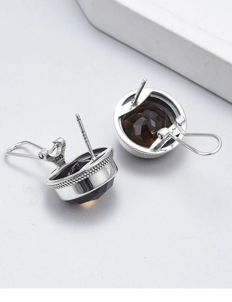 S925 Sterling Silver Studs Earring for Women Retro Edging Tangent Plane Smoky Quartz Ear Studs Fashion Classic Jewelry Wholesale
