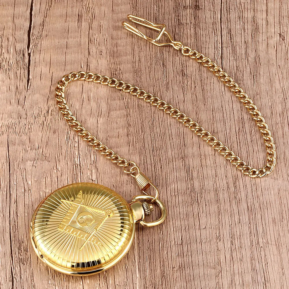 Steampunk Bronze/Gold Freemason Symbol Quartz Pocket Watch Fob Chain Pendant Clock High Grade Antique Pocket Timepiece Gifts