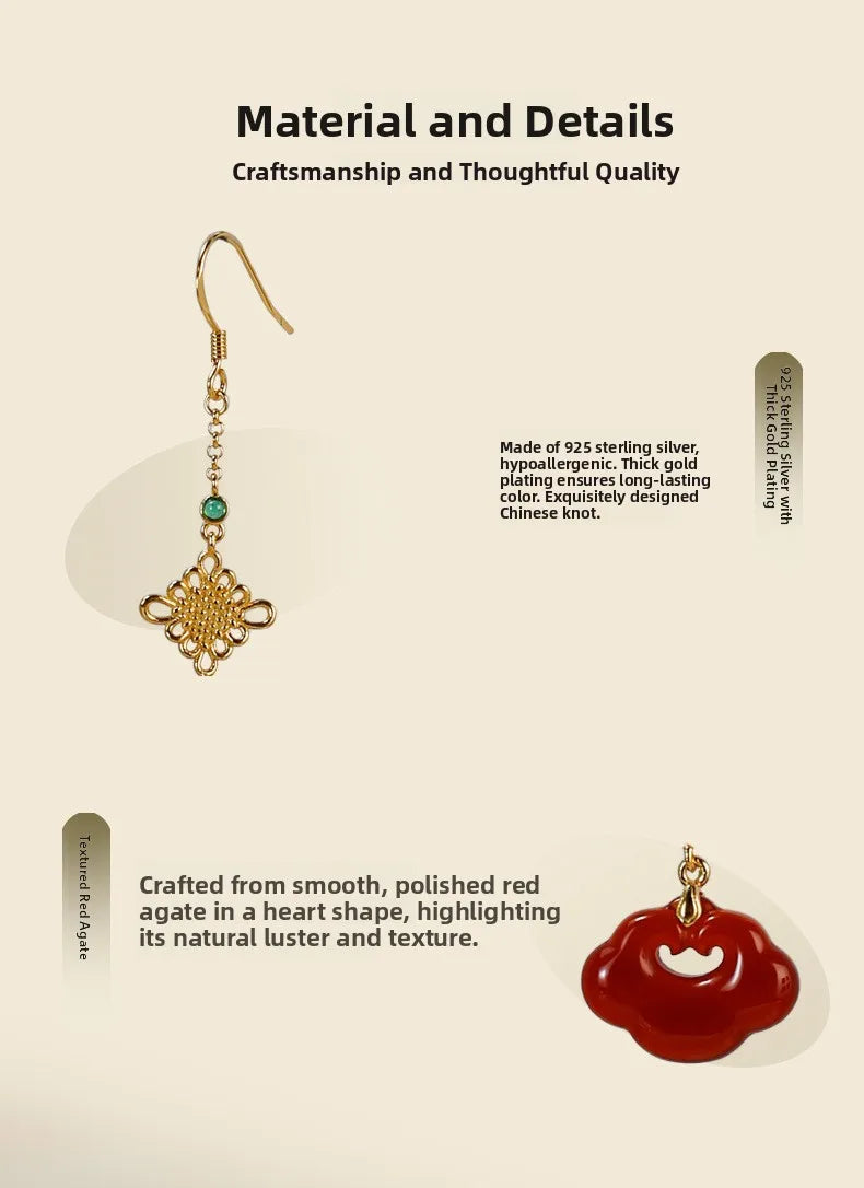 Red Agate Silver Plated Small Flower Good Luck Longevity Lock Agate Earrings Vintage Style for Cheongsam Hanfu Retro Aesthetic