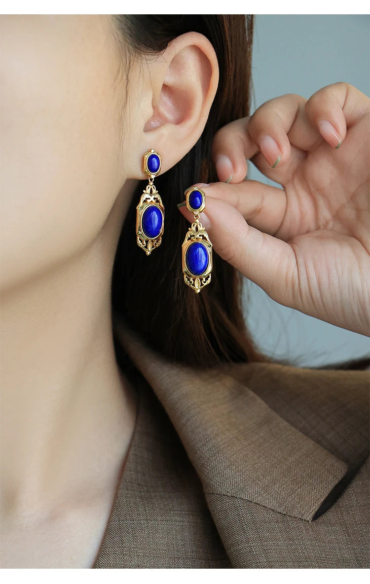 Natural Lapis Lazuli Earrings S925 Sterling Silver Gold-plated Retro French High-end Niche Blue Classical Earrings