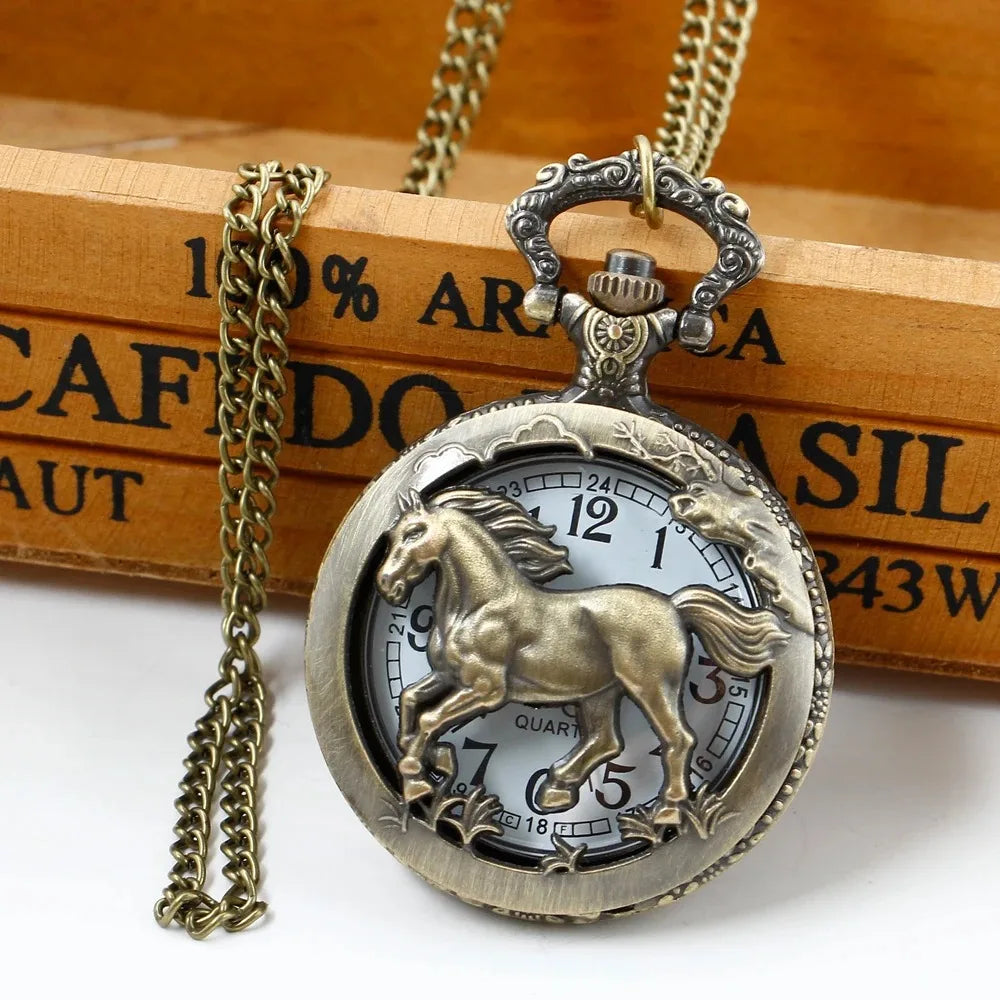 Antique Animal Series Racing Hollow Quartz Pocket Watch Vintage Dial with Chain Necklace Pendant Jewelry Clock Festival Gifts