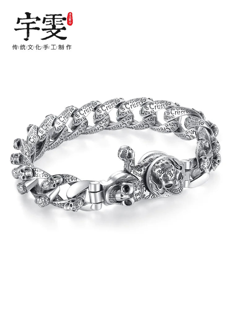 European and American S925 Sterling Silver Retro Skull Bracelet for Men, Trendy Hip-Hop Punk Bold Silver Bangle