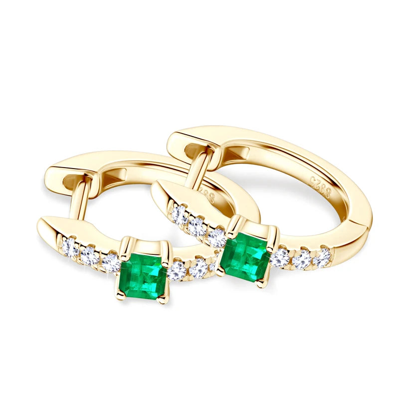 925 Sterling Silver Plated 14K Gold Ladies Hoop Earring 3x3mm Square Artificial Emerald Vintage Earrings for Women Jewelry Gift