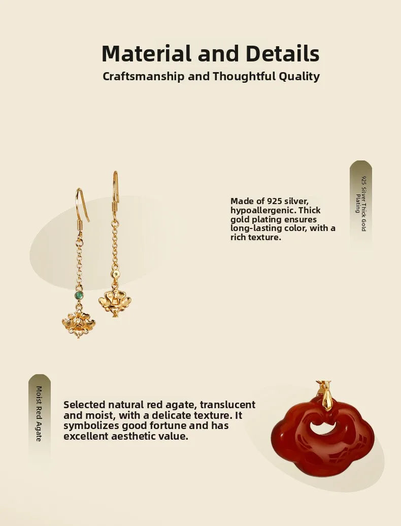 Red Agate Silver Plated Small Flower Good Luck Longevity Lock Agate Earrings Vintage Style for Cheongsam Hanfu Retro Aesthetic