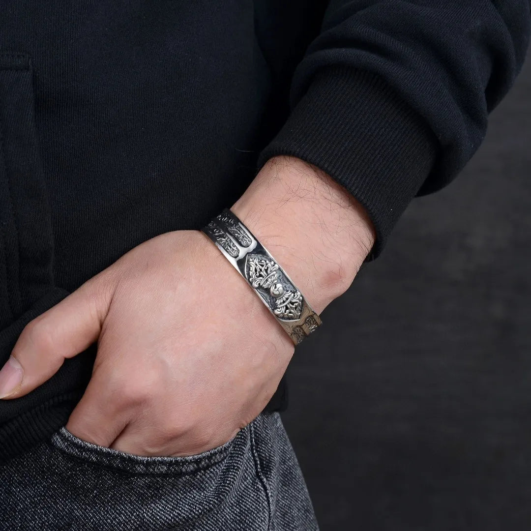 Pure silver diamond pestle bracelet men's retro wide version auspicious cloud bracelet trendy personality wrist accessory
