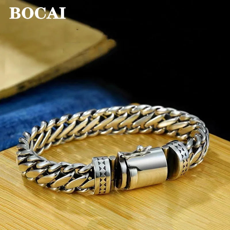 BOCAI New S925 Silver Domineering Bold Style Half Round Pattern Bolt Lock Men's Bracelet Personalized Trend Punk Hip-Hop Jewelry