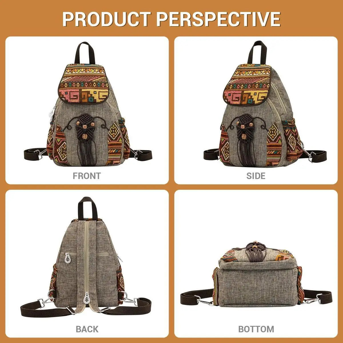 MOTAORA Handmade Women's Bohemian Backpack Vintage Canvas Mini Rucksack Ethnic Geometric Print Travel Casual Daypack Lightweight
