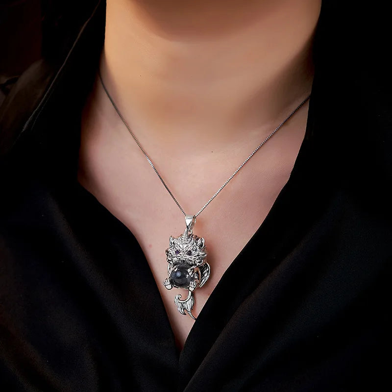 S925 Sterling Silver Pendant for Women Men Retro Wealth Mascot Pixiu Inlaid Rock Crystal Balls Charm Fashion Jewelry Wholesale