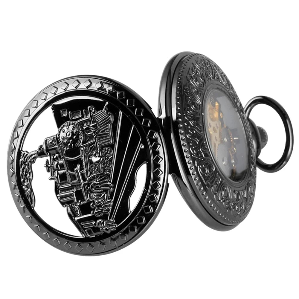 Steampunk Vintage Train Pattern Mechanical Hand-wind Pocket Watch Red Copper Pendant Antique Clock Manual Mechanism Timepiece