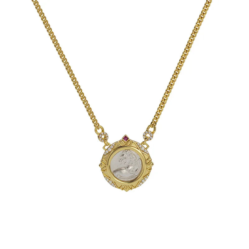 Retro Sterling Silver Necklace For Women's 925 Silver Electroplated 18K Gold Lion Red Treasure Ancient Coin Necklace