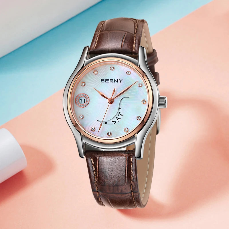 Quartz Wristwatches Calendar Clock Vintage Brown Leather Ladies Wristwatch Luxury Fashion Elegant Women Watches Waterproof 3Bar