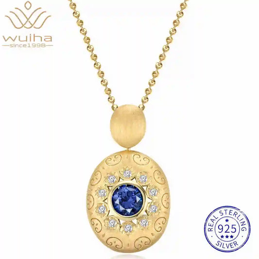 WUIHA Vintage 100% 925 Sterling Silver Lab Sapphire High Carbon Diamonds Gemstone Cocktail Party Pendant Necklace Fine Jewelry
