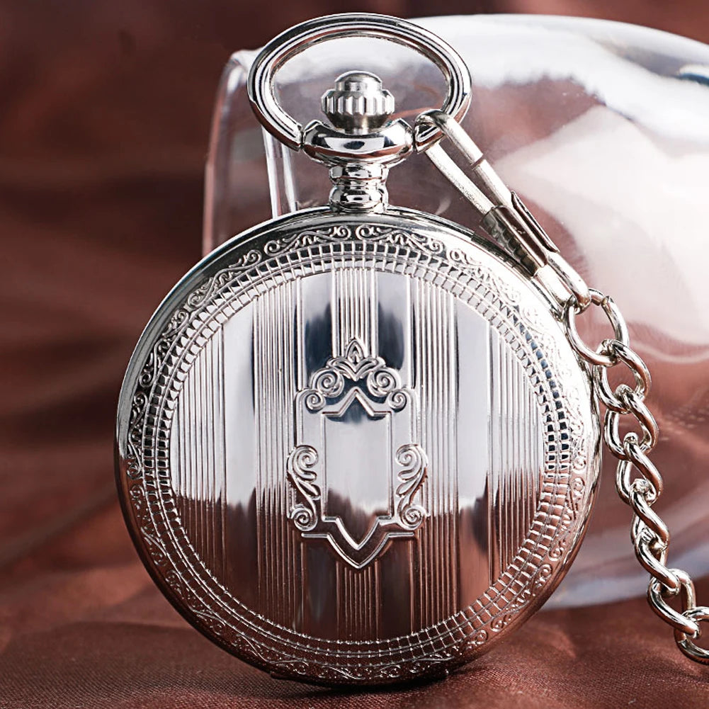 Silver Shield Automatic Mechanical Pocket Watch Arabic Numerals Display Self-Winding Pendant Antique Pocket Clock Male Gifts