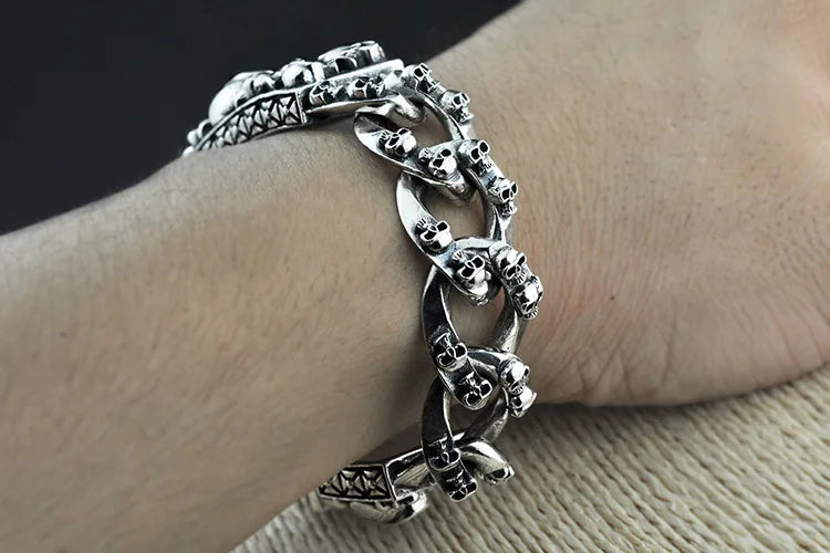 Unibabe Pure Silver Sterling 925 Silver Vintage Skull Carved Chain & Link Lock S925 Bracelet