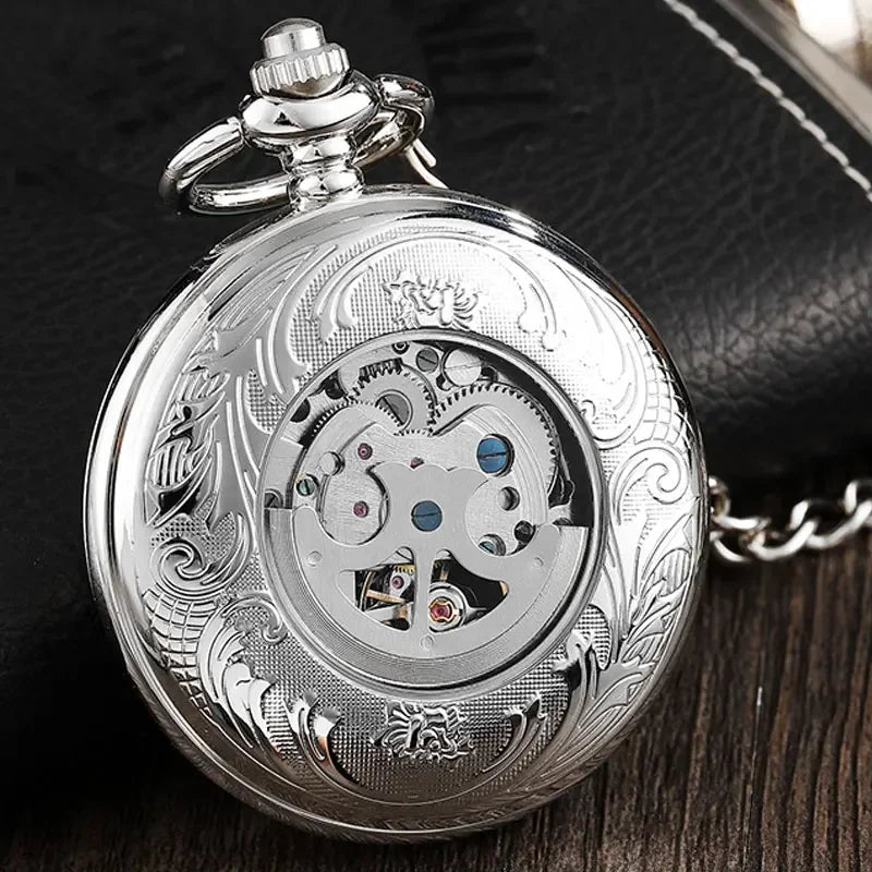 PJX054 Antique Full Silver Stainless Steel Pocket Watch Mechanical Men Steampunk Vintage Hand-wind Engraved Fob Pendant Clock