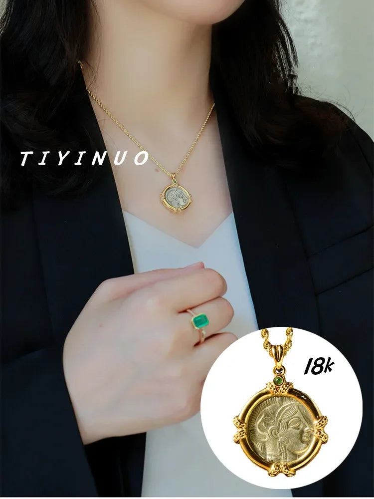 TIYINUO Authentic AU750 Real 18K Real Gold Ancient Coin Athena Owl Pendant Twisted Rope Necklace Delicate Gift For Woman Jewelry
