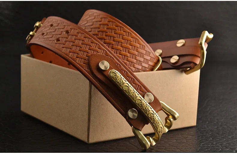 Cavalry genuine copper buckle belt, hand strap Cavalry men's casual pants belt 100% cowhide genuine leather men's denim belt