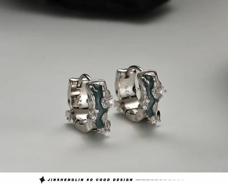 F.I.N.S S925 Sterling Silver Irregular Shaped Hoop Earrings Enamel Zircon Small Piercing Ear Buckles Retro Old Fine Jewelry