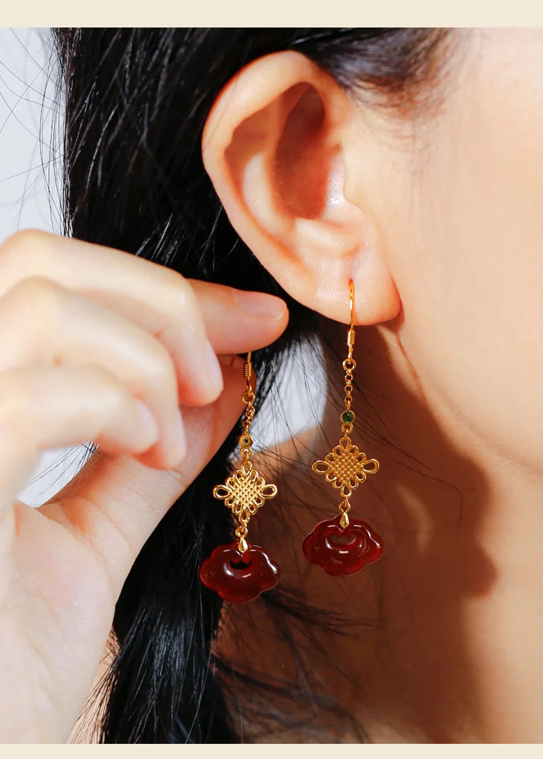 Red Agate Silver Plated Small Flower Good Luck Longevity Lock Agate Earrings Vintage Style for Cheongsam Hanfu Retro Aesthetic