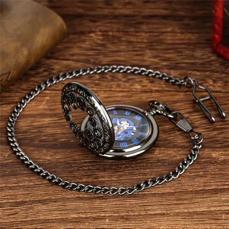 Antique Pocket Watch Hollow Gear Case Men's Hand Winding Mechanical Clock Pendant Chain Luminous Hands Black Timepiece