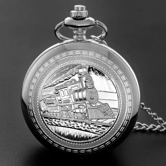 Antique Steampunk Train Engraved Quartz Pocket Watch Half Hunter Fob Chain Watches Men's Accessories Best Pendant Gift