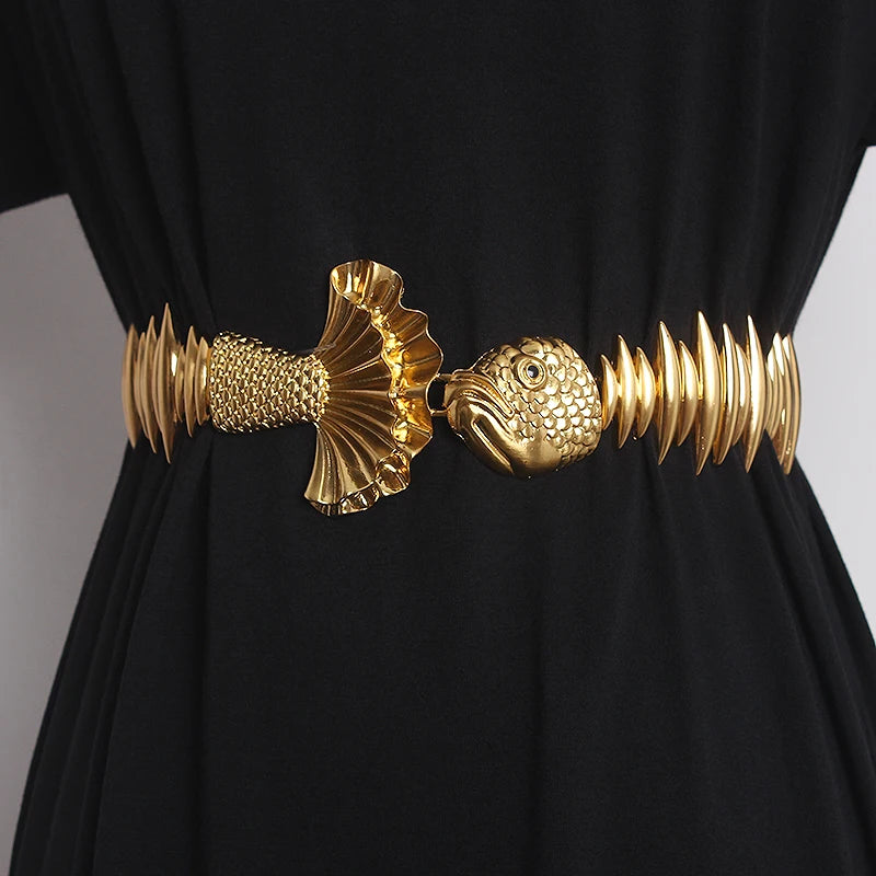 2024 New Designer Belts For Women High Quality Luxury Brand Female Elastic Gold Belt Ladies Waist Fish Metal Dress Waistband
