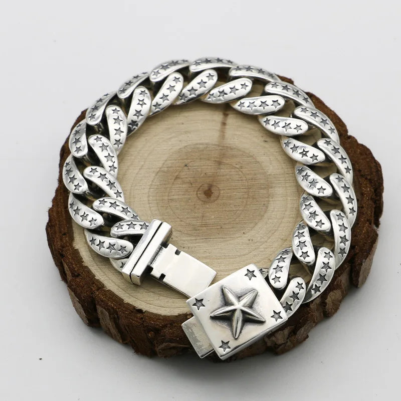 Pure Silver Personalized Versatile Trendy Star Bracelet Men's Bracelet Simple Thai Silver Retro Punk Style Hip Hop Bracelet Deco