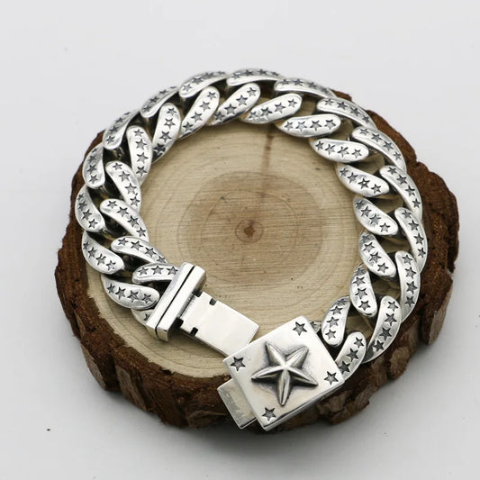 Pure Silver Personalized Versatile Trendy Star Bracelet Men's Bracelet Simple Thai Silver Retro Punk Style Hip Hop Bracelet Deco