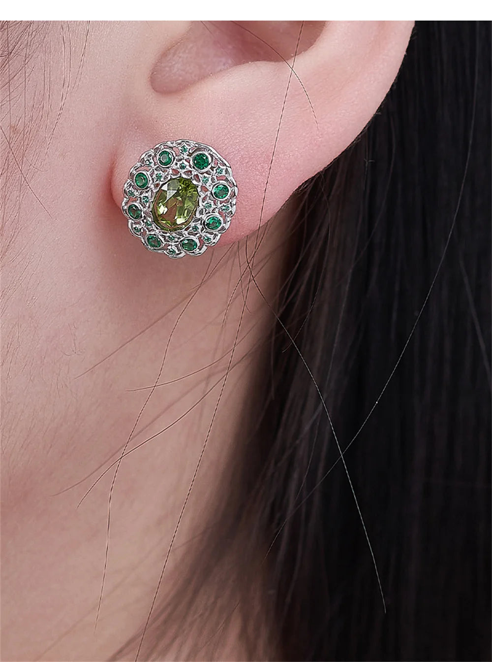 S925 Sterling Silver Studs Earring for Women Peridot Micro Inlay Zirconl Palace Style Ear Studs Fashion Jewelry Wholesale