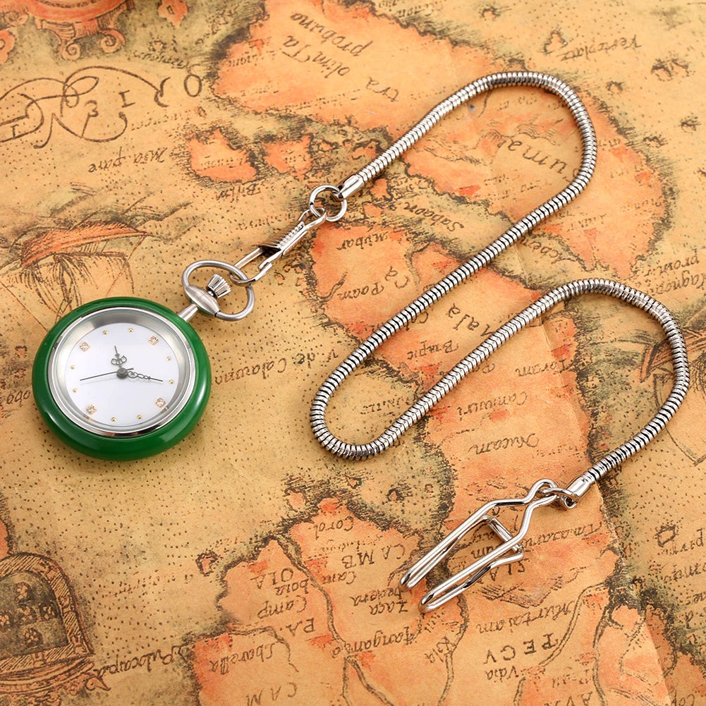 Minimalist Retro Green/White Jade Quartz Pocket Watch Silver Snake Pocket Chain Pendant Antique Pocket Clock Gift Men Women