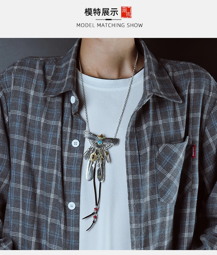 S925 Silver Bridge Feather Eagle Indian Trendy Necklace Female Sweater Chain Hip Hop Men's Pendant