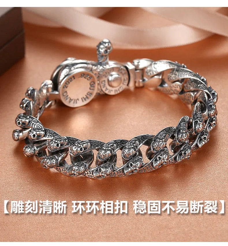 European and American S925 Sterling Silver Retro Skull Bracelet for Men, Trendy Hip-Hop Punk Bold Silver Bangle