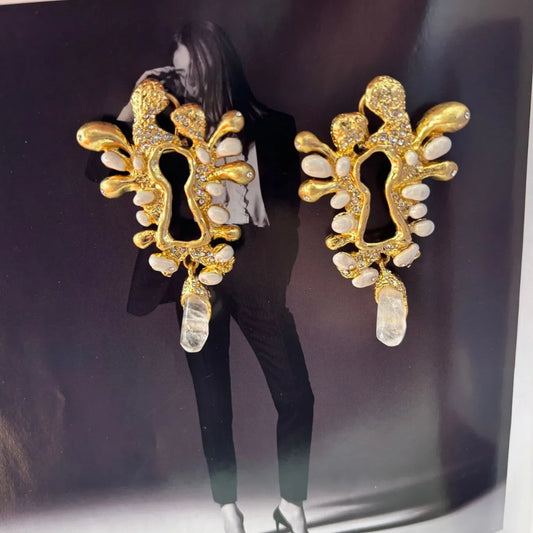 European and American Fashion Trends Retro Heavy Industry Enamel Craftsmanship Natural Stone Inlaid Keyhole Earrings Gold Silver