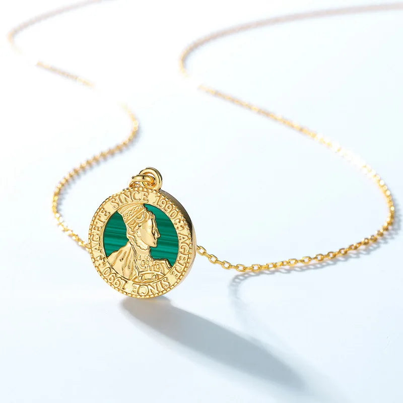 New Antique Coin Portrait Necklace for Women, Vintage Turquoise 18K Gold PT950 Platinum Silver Plated 7-layer Gold Pendant