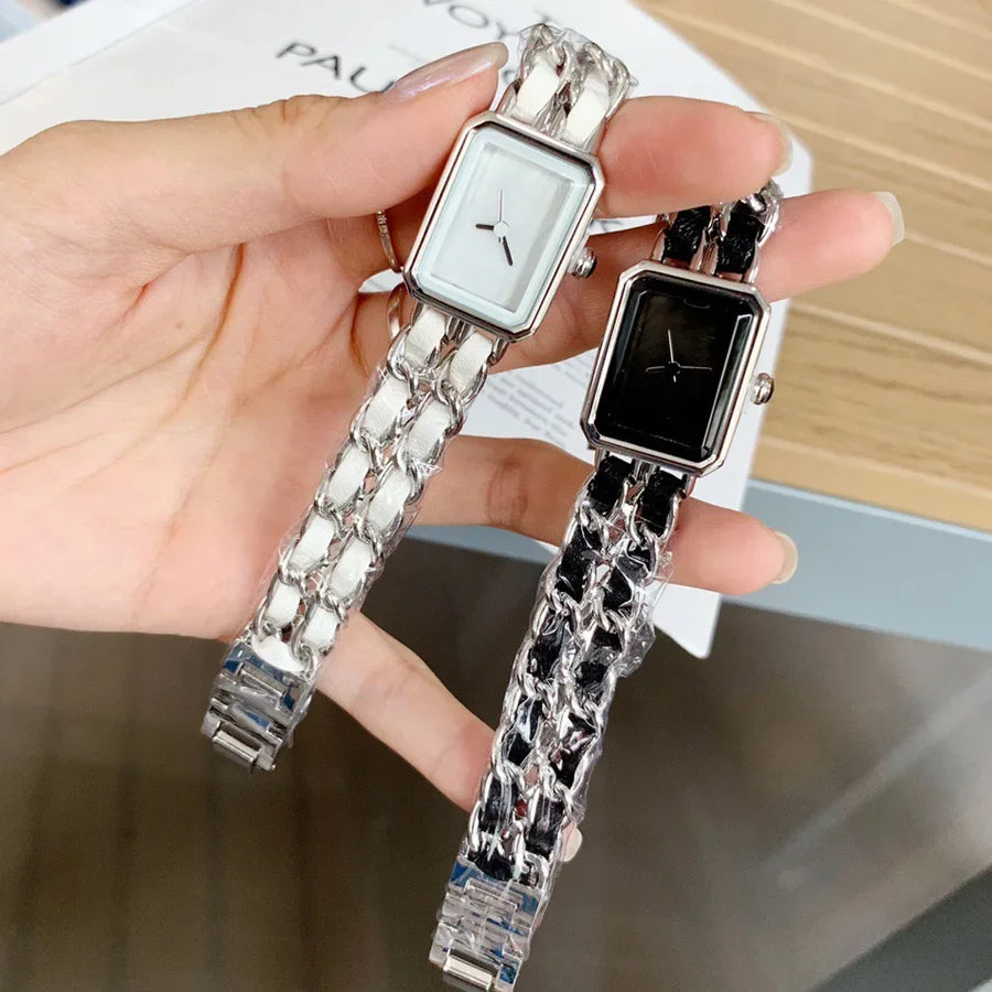 2025 NEW Fashion Brand Wrist Watches Woman Girl 20mm Rectangle Style Steel Metal Leather Band Quartz Luxury Square Clock