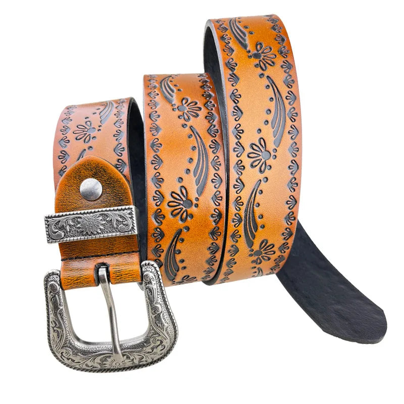 Punk retro embossed first layer cowhide belt, national personality  literary fashion bohemian port style men's and women's belt