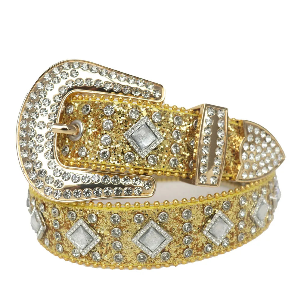 Silver Men Women Unisex Red Big AB Stones Western Cowboy Rhinestone Belt Studded Diamond Punk Belt