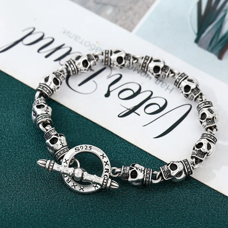 S925 sterling silver bracelet men thick skull heavy industry thai silver retro distressed punk trendystylish jewelry