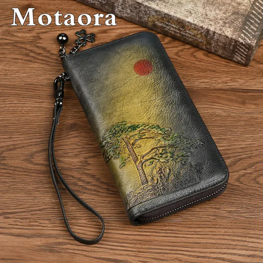 MOTAORA Women's Leather Wallet Handmade Genuine Cowhide Vintage Long Purse Card Holder Emed Leather Hand Wallets 2025 NEW