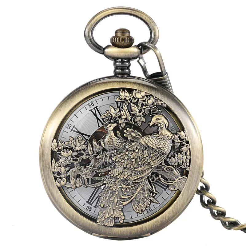 Antique Vintage Phoenix Half Hunter Clock Mechanical Hand Winding Pocket Watch for Men Women Roman Number Skeleton Fob Chain