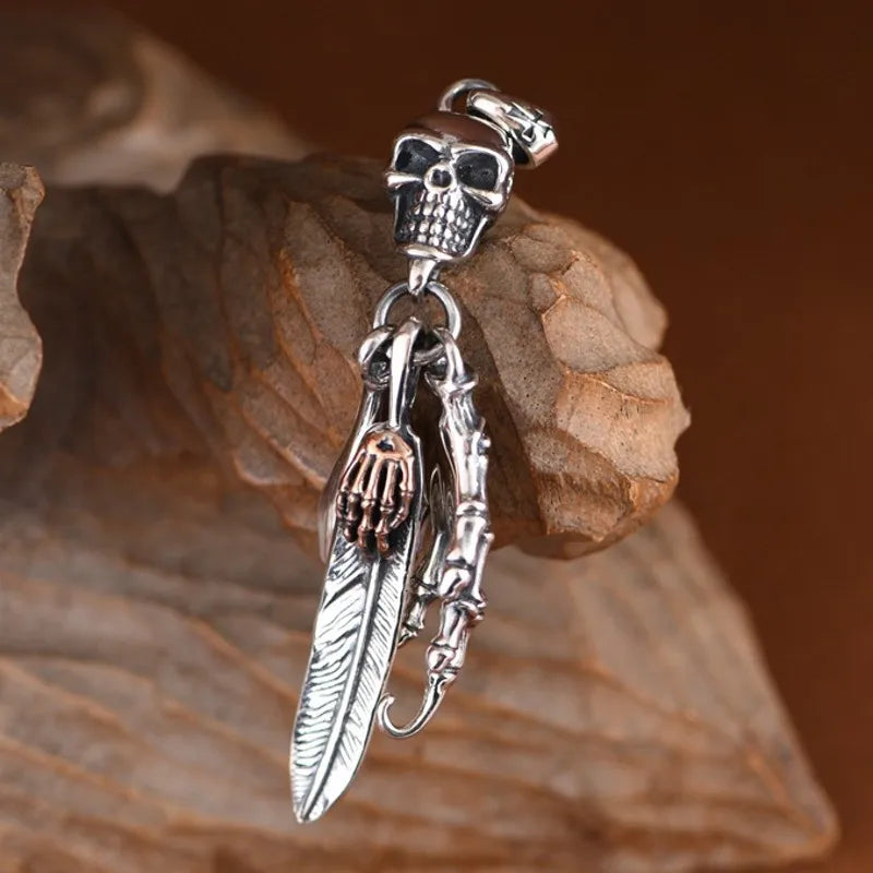 BOCAI New S925 Silver Retro Personalized Trendy Hip Hop Skull Feather Bone Claw Bowling Bottle Men's Pendant